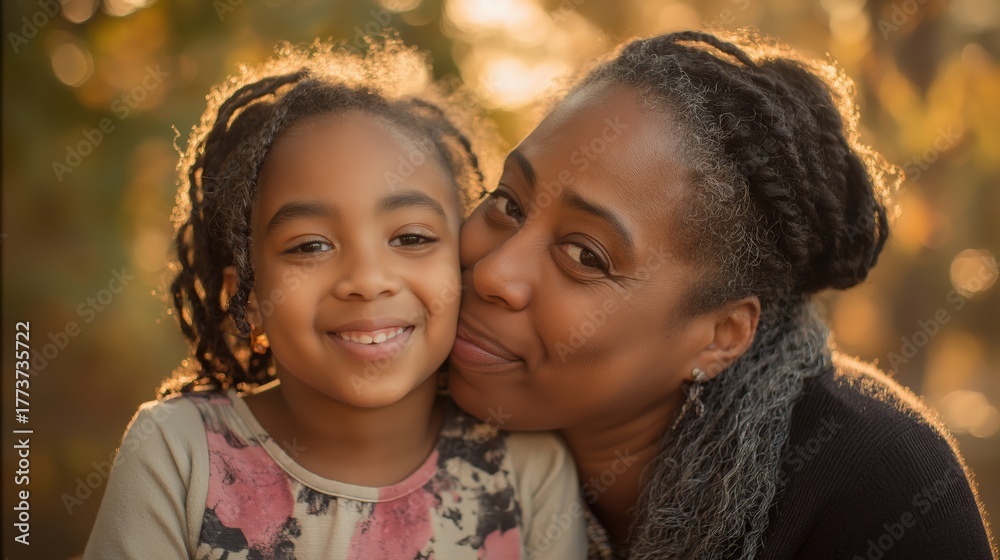 Fototapeta premium A warm, intimate portrait of a mother and daughter sharing a joyful moment in a natural setting, surrounded by soft, golden light.
