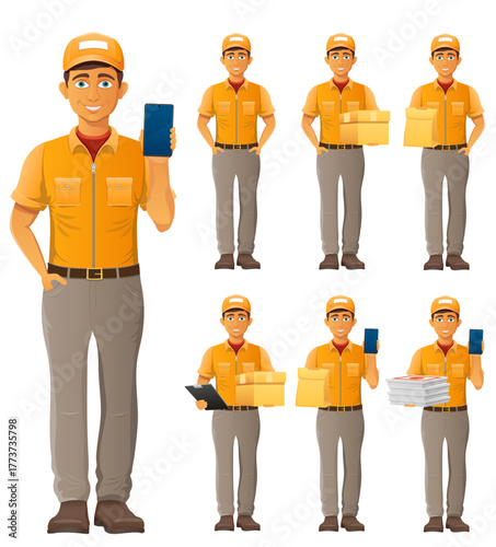 delivery service young man courier cartoon stock vector illustration isolated on white background