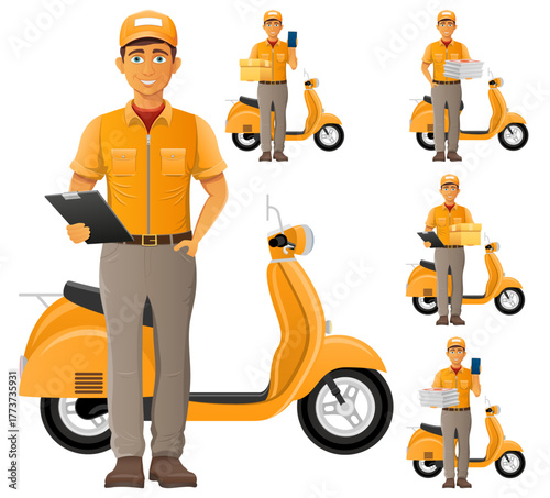 delivery service young man courier cartoon stock vector illustration isolated on white background