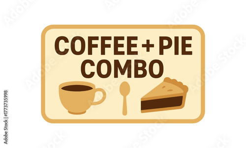 Flat vector banner design text COFFEE + PIE COMBO supporting icons of cup pie slice and spoon beige and cream tones