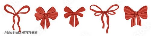 Red Christmas bow for holiday decoration. Valentine Day ribbon set