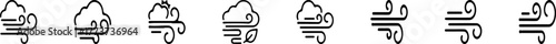 A series of icons showing wind intensity with clouds and curved lines. Each design reflects different airflow strength—ideal for weather, climate, or forecast visuals.