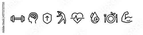 Nine icons representing holistic health: strength, mental wellness, immunity, cardio, heart health, hydration, nutrition, and fitness. A versatile set for wellness apps or fitness content.