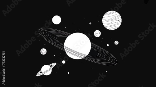 Black and white illustration of planets in outer space with stars and ringed gas giants exploration theme for backgrounds