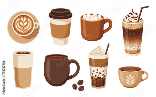 Delicious Coffee Beverages Collection Featuring Latte Cappuccino Iced Coffee and Hot Chocolate with Marshmallows