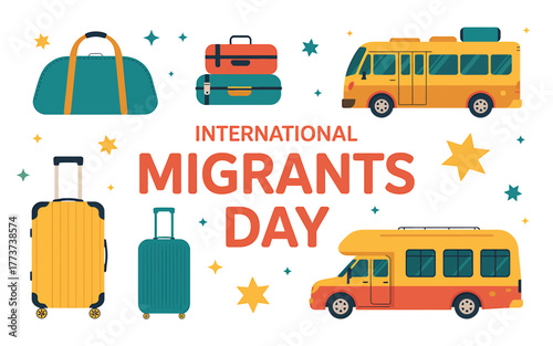 Celebrating International Migrants Day with Travel and Transportation Icons Suitcases Buses and Bags Representing Journeys Around the World