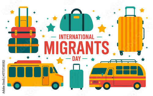 Colorful Illustration Celebrating International Migrants Day with Suitcases and Buses Symbolizing Travel and Journeys of People Around the World