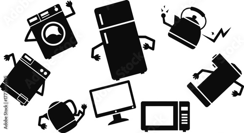 Broken or malfunctioning household appliances such as a washing machine, double door refrigerator, electric kettles, television, toaster, microwave, monitor silhouette. 
