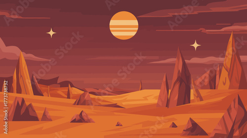 A captivating illustration of a distant planet with rocky terrain a striped sun and ethereal stars creating a surreal landscape