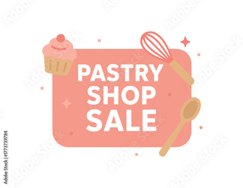 Flat vector banner design text PASTRY SHOP SALE supporting icons of cupcake whisk and spoon pastel pink and beige palette