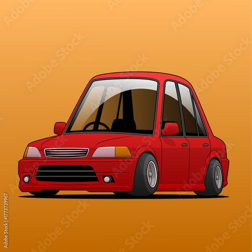 Cartoon red compact car with exaggerated proportions on orange background, vector illustration for automotive-themed designs, ads, or children’s content