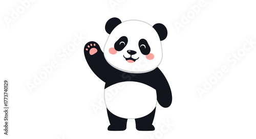 Cute cartoon panda waving hello with a friendly smile and blush marks on its cheeks, isolated on a white background.