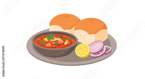A colorful illustration of a traditional Indian pav bhaji dish served with bread rolls, lemon wedge, and onion rings on a plate.
