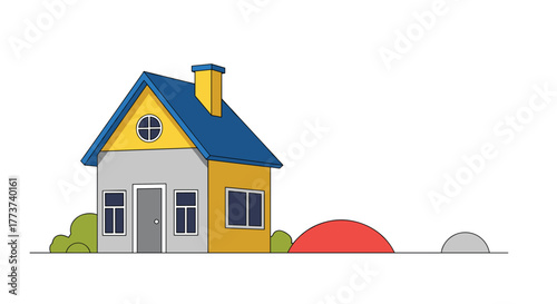 Stylized illustration of a charming house with a blue roof, yellow trim, and gray and yellow siding, set against a white background with some landscaping elements.