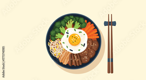 Flat illustration of a colorful Korean bibimbap served in a dark bowl with chopsticks resting on a stand, on a light yellow background.