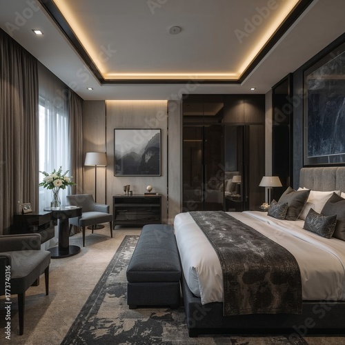 This elegant bedroom features a spacious layout with a large bed, chic furniture, and soft lighting, creating a warm and inviting atmosphere for relaxation