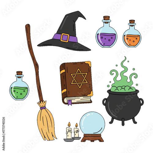  Witch Magic Tools and Spooky Potions Vector Collection with Hat, Broomstick, Crystal Ball, and Cauldron