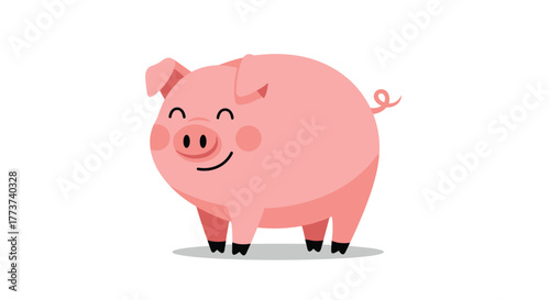 A cute and happy cartoon pig stands on a white background with its tail curled.