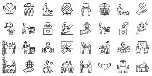 Charity and support outline vector icons collection conveying compassion and assistance illustrating various themes like environmental protection community service education and volunteer