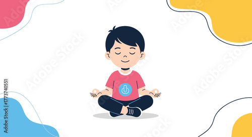 Young boy meditating peacefully in lotus pose, eyes closed with a calm expression, surrounded by colorful abstract shapes.