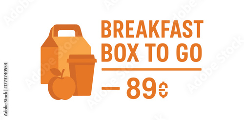 Flat vector banner design text BREAKFAST BOX TO GO 89₴ supporting icons of takeaway box cup and fruit beige and orange palette