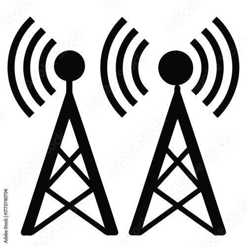 Two Radio Towers Broadcasting Signals on White Background illustration art