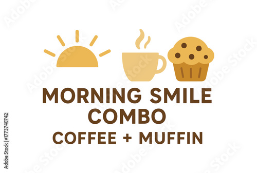 Flat vector banner design text MORNING SMILE COMBO COFFEE + MUFFIN supporting icons of cup muffin and sun beige and golden palette
