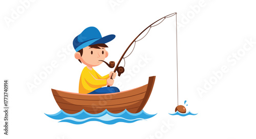 A cartoon boy wearing a blue cap and yellow shirt fishes from a wooden boat, with a pipe in his mouth.