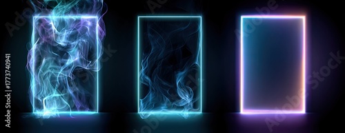 Three glowing neon rectangles with smoke-like patterns