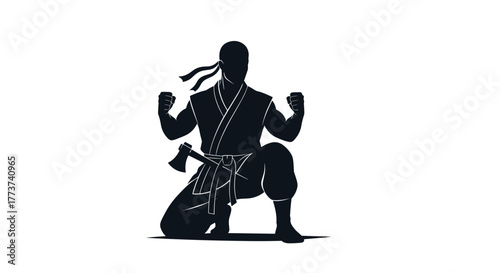Silhouette of a powerful martial artist in a fighting stance, kneeling with fists clenched and an axe at his side.