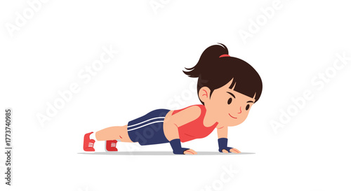A cartoon girl in athletic wear doing a push-up exercise on a white background, promoting fitness and health.