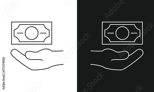 Minimalist Hand with Banknote Line Art Icon, Simple Symbol for Payment, Receiving Cash, Donation, or Salary, Modern Vector Graphic for Finance, Banking, and Economy, Black and White Versions.