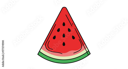 A simple and stylized illustration of a juicy red watermelon slice with black seeds and green rind, perfect for summer themes.