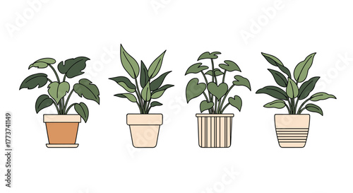 A set of four cartoon potted plants with lush green leaves and distinct pot designs on a white background.