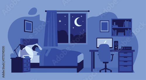 A young person sleeps peacefully in bed at night, illuminated by a bedside lamp, while a computer desk sits nearby in a dimly lit room.