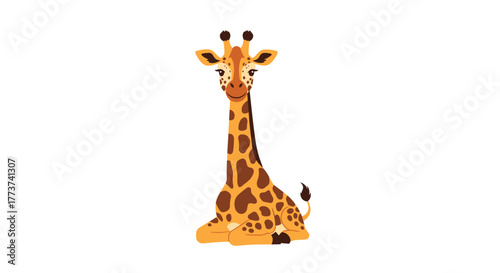Cute cartoon giraffe sitting down on a white background, looking friendly with a smile and large eyes.