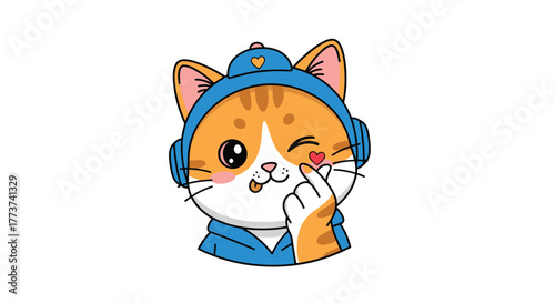 Cute cartoon cat wearing headphones and a hoody, winking and making a heart gesture with its paw.
