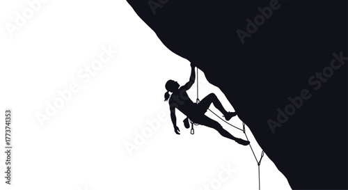 Silhouette of a determined rock climber ascending a steep overhang with dramatic lighting and a clear white background.