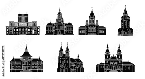 Collection of black and white architectural silhouettes featuring various buildings and churches against a white background.
