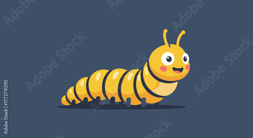 Cute cartoon yellow caterpillar with a happy expression and round eyes walking on a blue background.