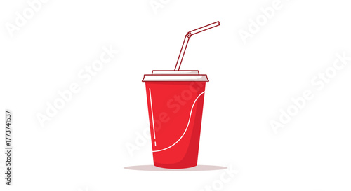 A classic red paper cup with a white lid and a straw for a refreshing beverage is depicted against a white background.