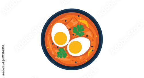 A top down view of a bowl of ramen with hard boiled eggs and cilantro garnish, a delicious and healthy meal.