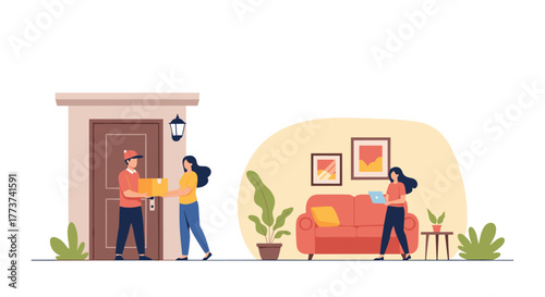Delivery person hands a package to a woman at her door while another woman works on a laptop inside a living room.