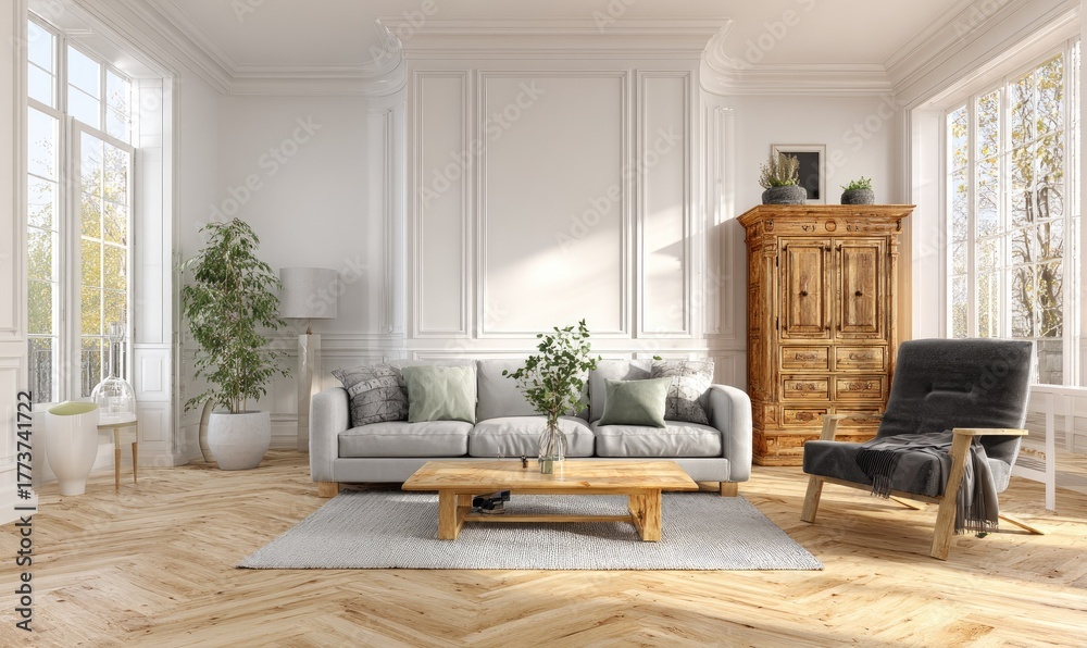 Fototapeta premium Elegant living room interior design with natural light and wooden furniture