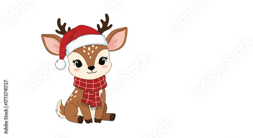Cute cartoon reindeer wearing a Santa hat and a red plaid scarf, sitting and looking to the side with a friendly expression.
