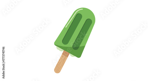 Stylized green popsicle on a wooden stick with dripping ice cream, isolated on a white background, perfect for summer themes.