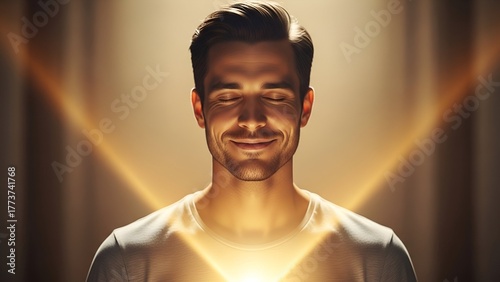 A content man with closed eyes, illuminated by golden light, radiating tranquility
