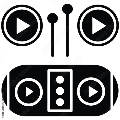 Synthesizer graphic with play buttons and drumsticks for music creation