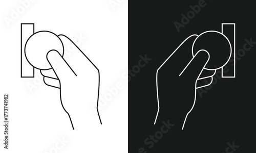 Hand Inserting Coin into Slot Line Art Icon, Minimalist Symbol for Payment, Vending Machine, or Arcade Game, Modern Vector Graphic for Finance and Purchase, Black and White Versions.