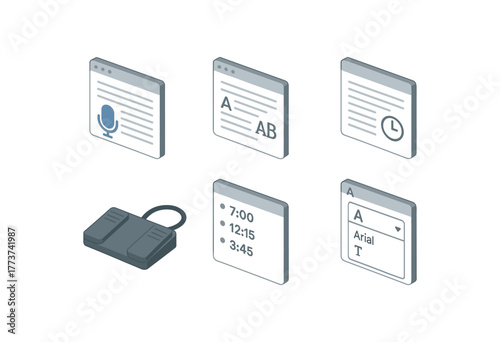 isometric icon items isolated on white background typing reports dictation software interface typing reports formatting style sheet typing reports timestamp inserter typing reports foot